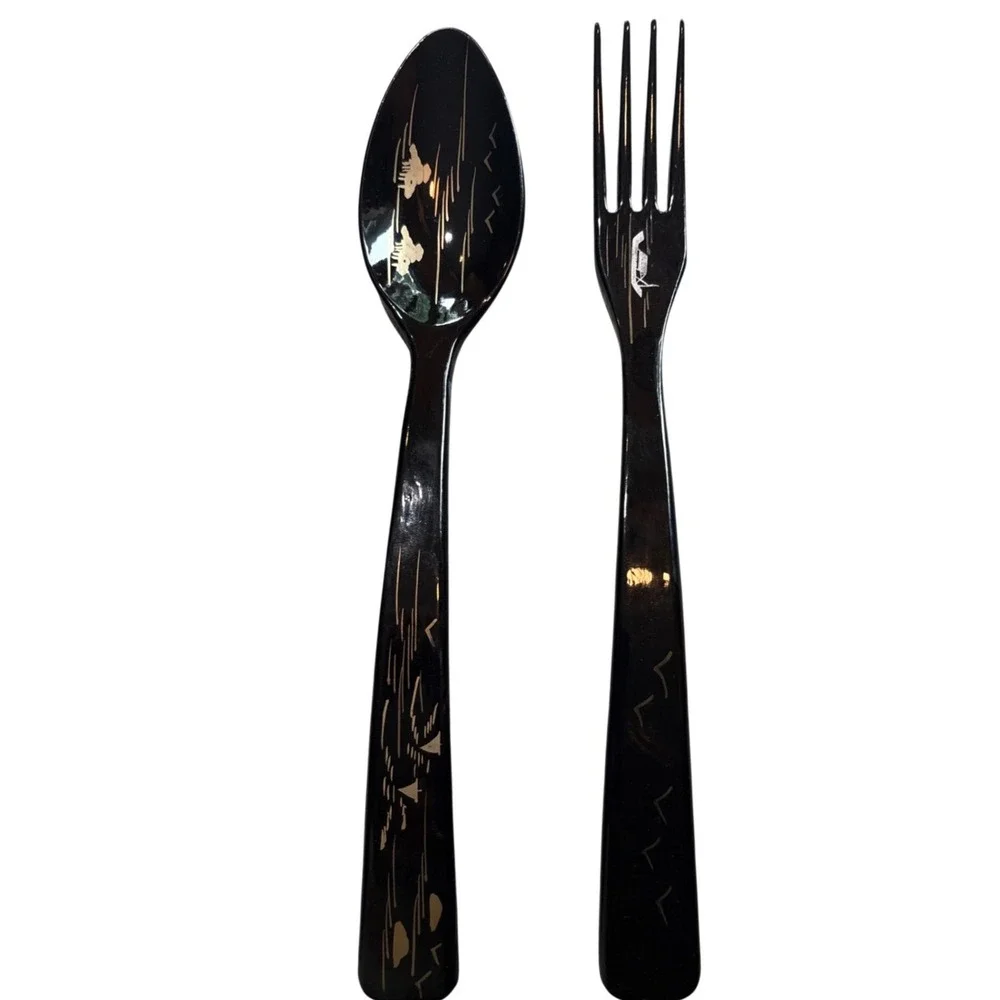 Vintage Japanese‎ Black Lacquerware Salad Serving Spoon Fork Set Nautical Gold